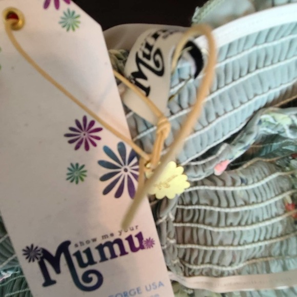 Show Me Your Mumu Sage Green Floral Smocked Off Shoulder Mini Dress Small NWT - Picture 8 of 9